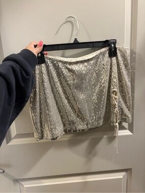 Urban Outfitters Silver/Cream Sequin Mini Skirt with Side Lace-Up